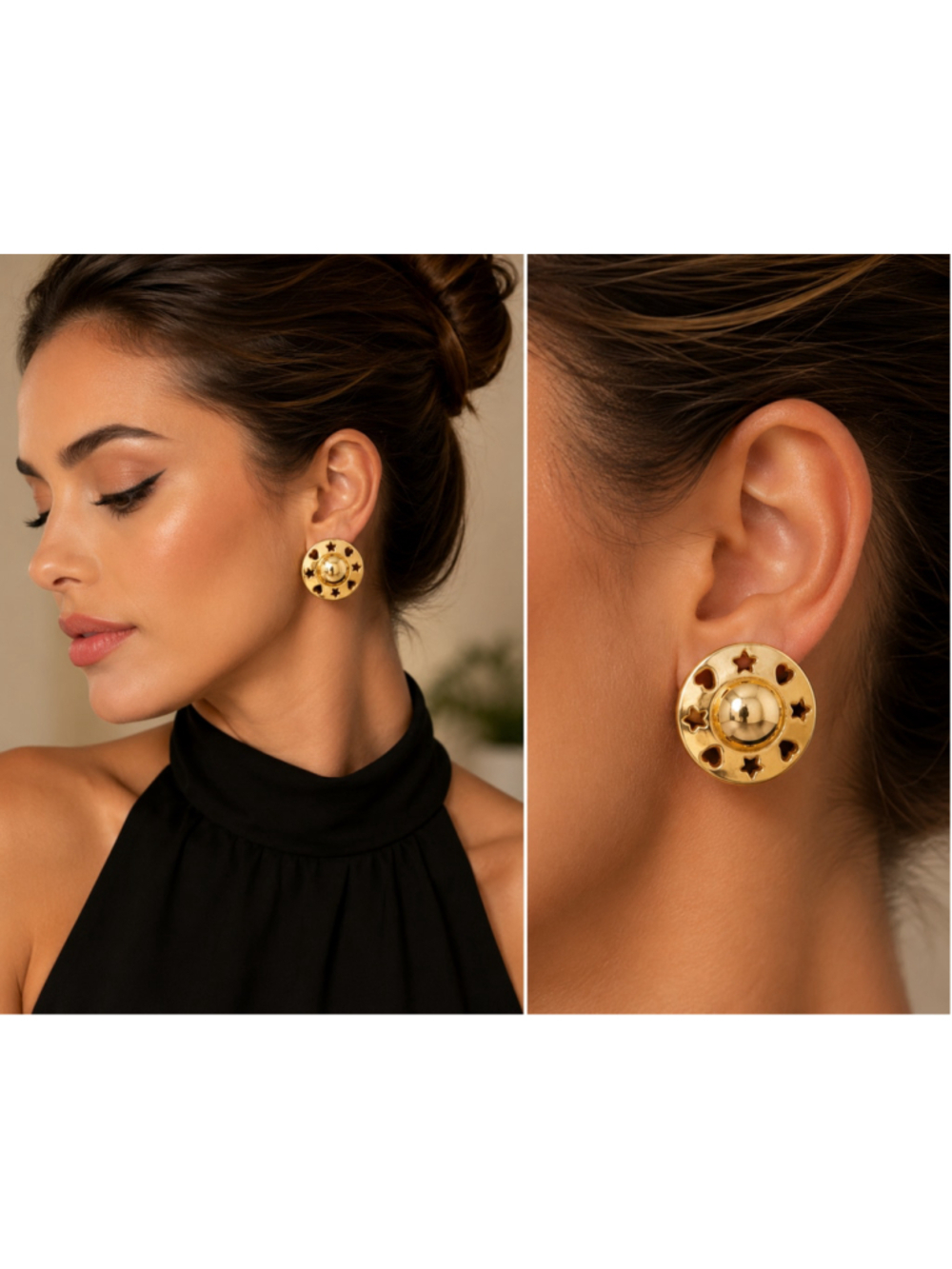 Vintage Gold Tone Heart & Star Cutout Clip-On Earrings | 1980s 1990s Retro